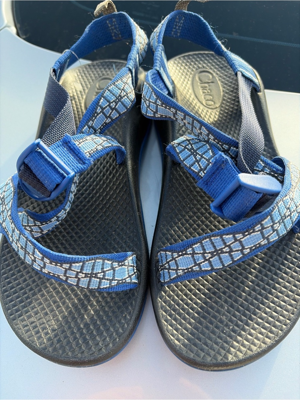 Chaco Blue and Gray Patterned Strap Sandals